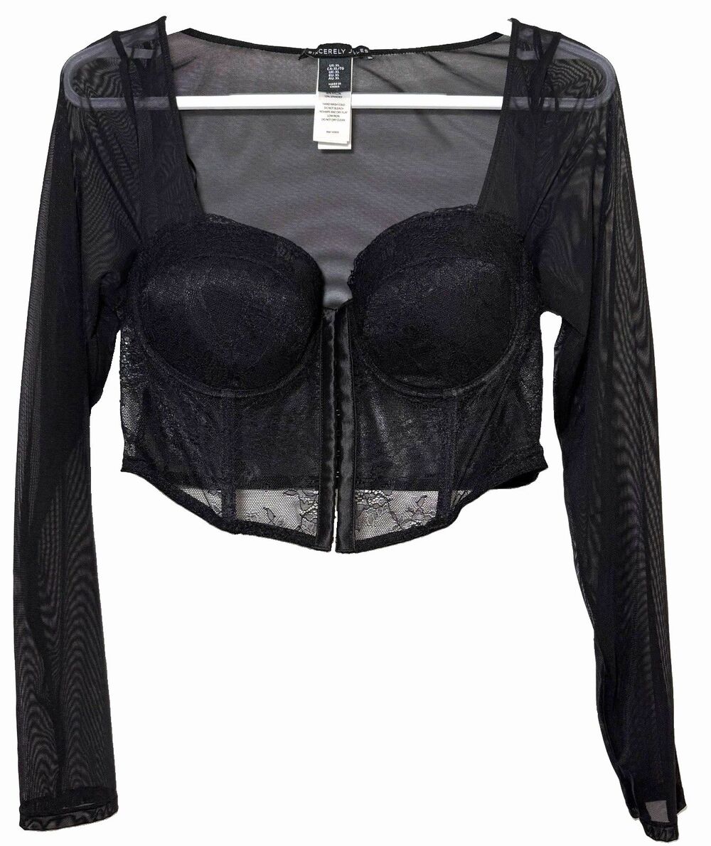 Sincerely Jules XL Black Lace Bustier Crop Top Sheer Mesh Long Sleeve Corset